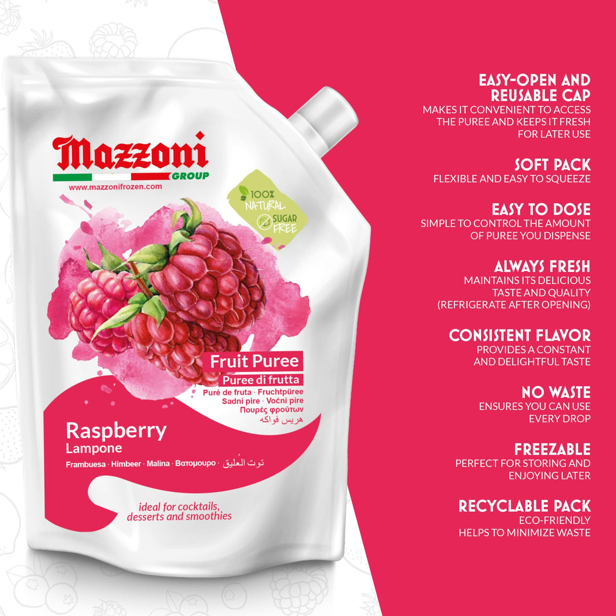 Mazzoni Raspberry Purée in pouch preserving flavor and freshness.