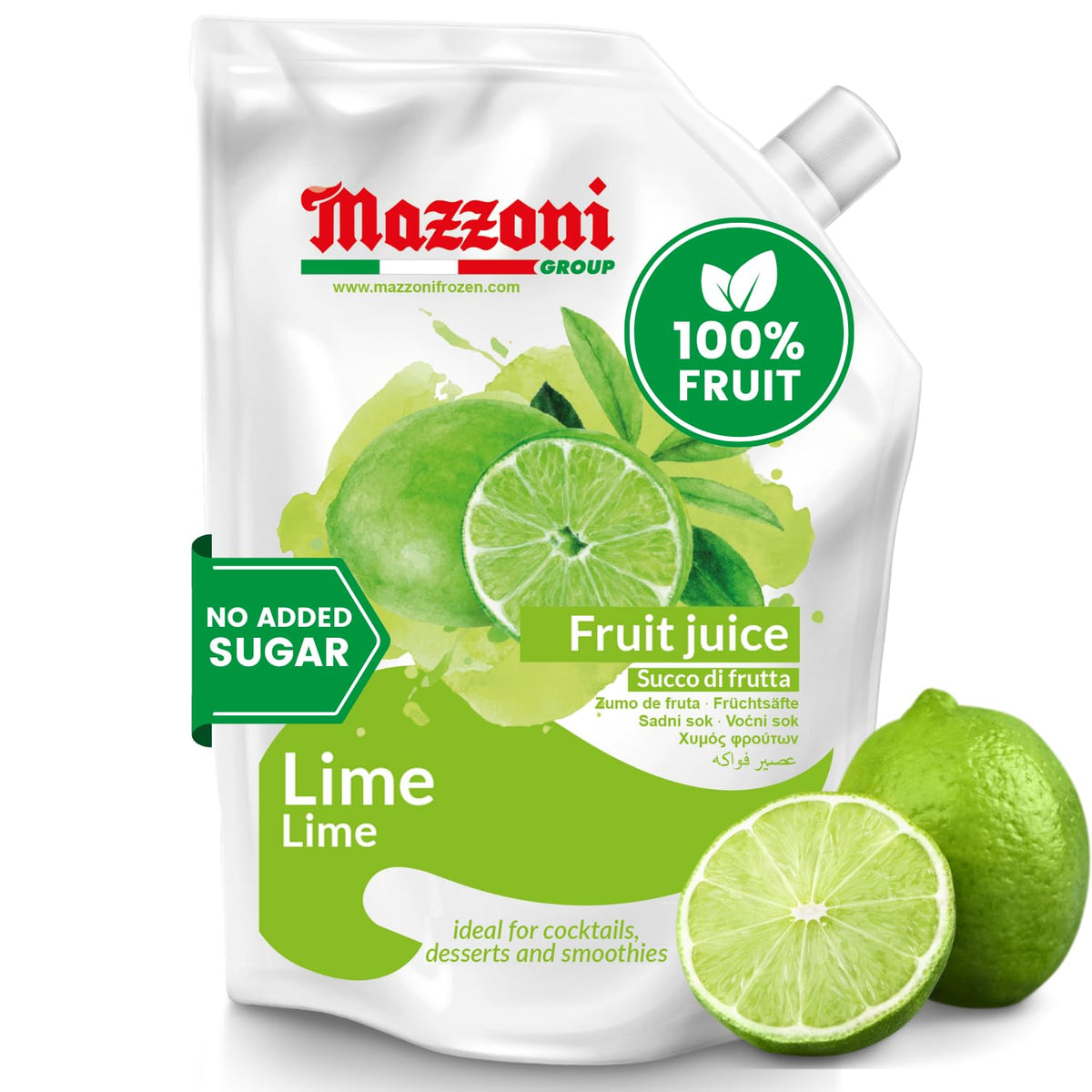 Mazzoni Real Lime Juice bottle showcases pure lime quality, ideal for fresh cocktails.