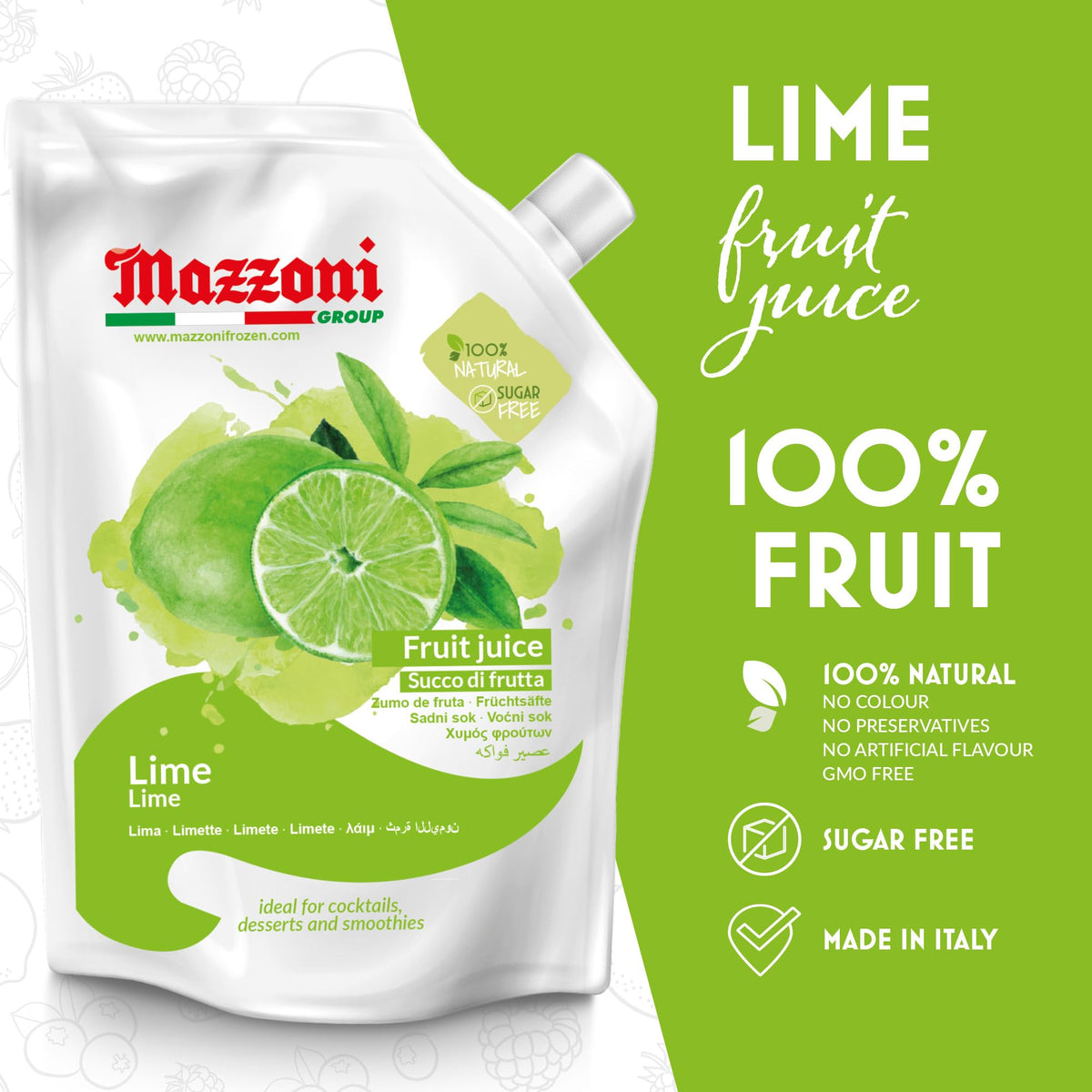 Mazzoni Real Lime Juice pouch preserves freshness for easy storage and use.