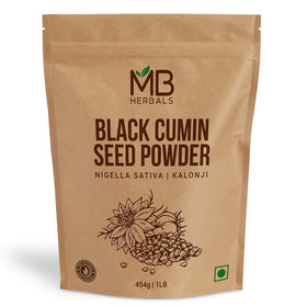 MB Herbals Black Cumin Seed Powder bottle shows convenient packaging for Kalonji spice