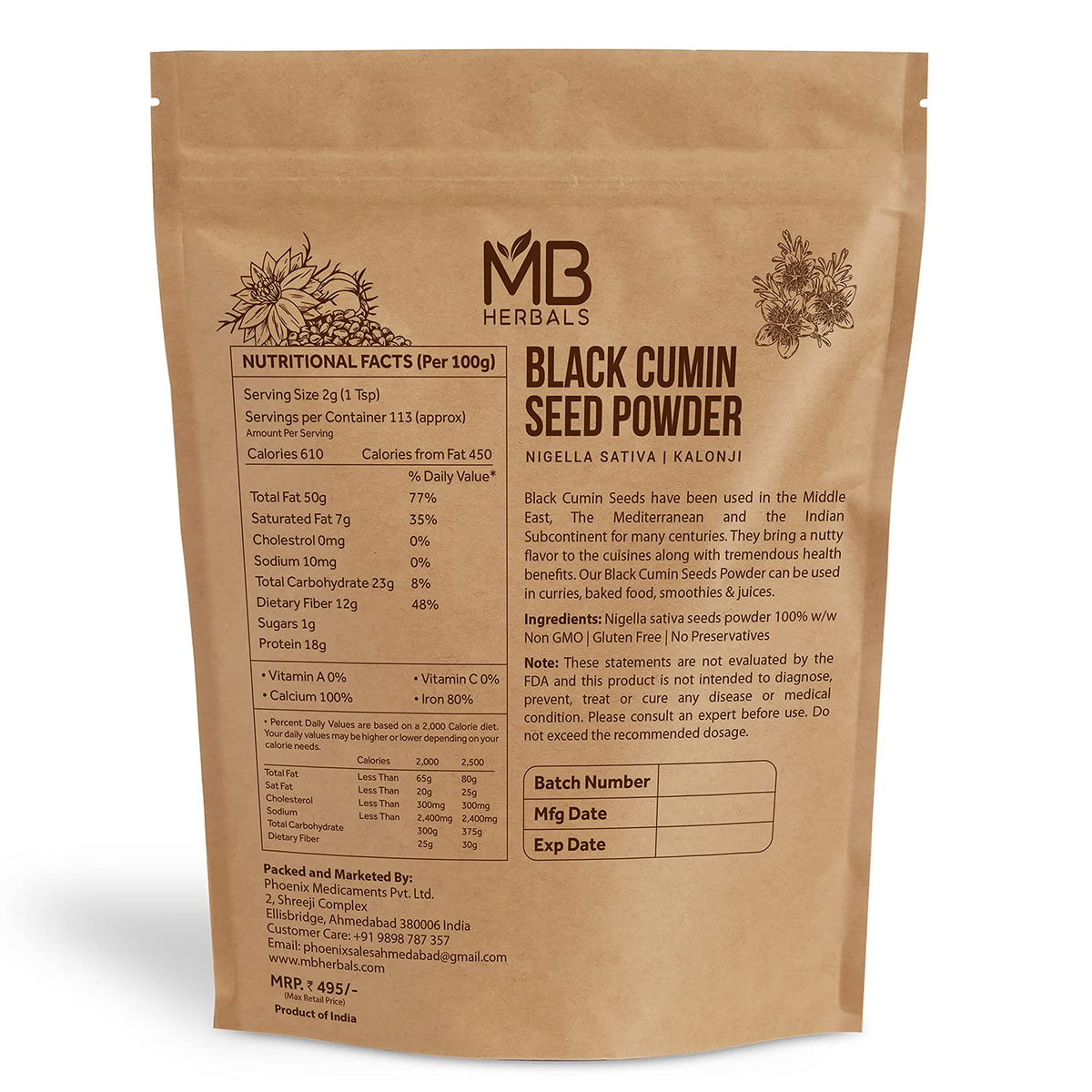 MB Herbals Black Cumin Seed Powder jar closeup highlighting pure Nigella sativa