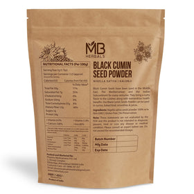 MB Herbals Black Cumin Seed Powder jar closeup highlighting pure Nigella sativa