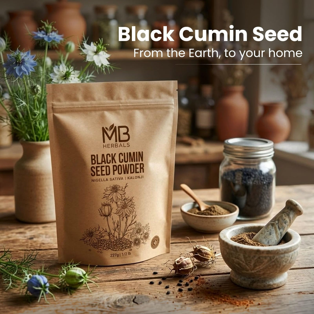 MB Herbals Black Cumin Seed Powder on surface reveals fine texture for baking
