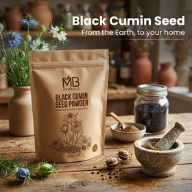 MB Herbals Black Cumin Seed Powder on surface reveals fine texture for baking