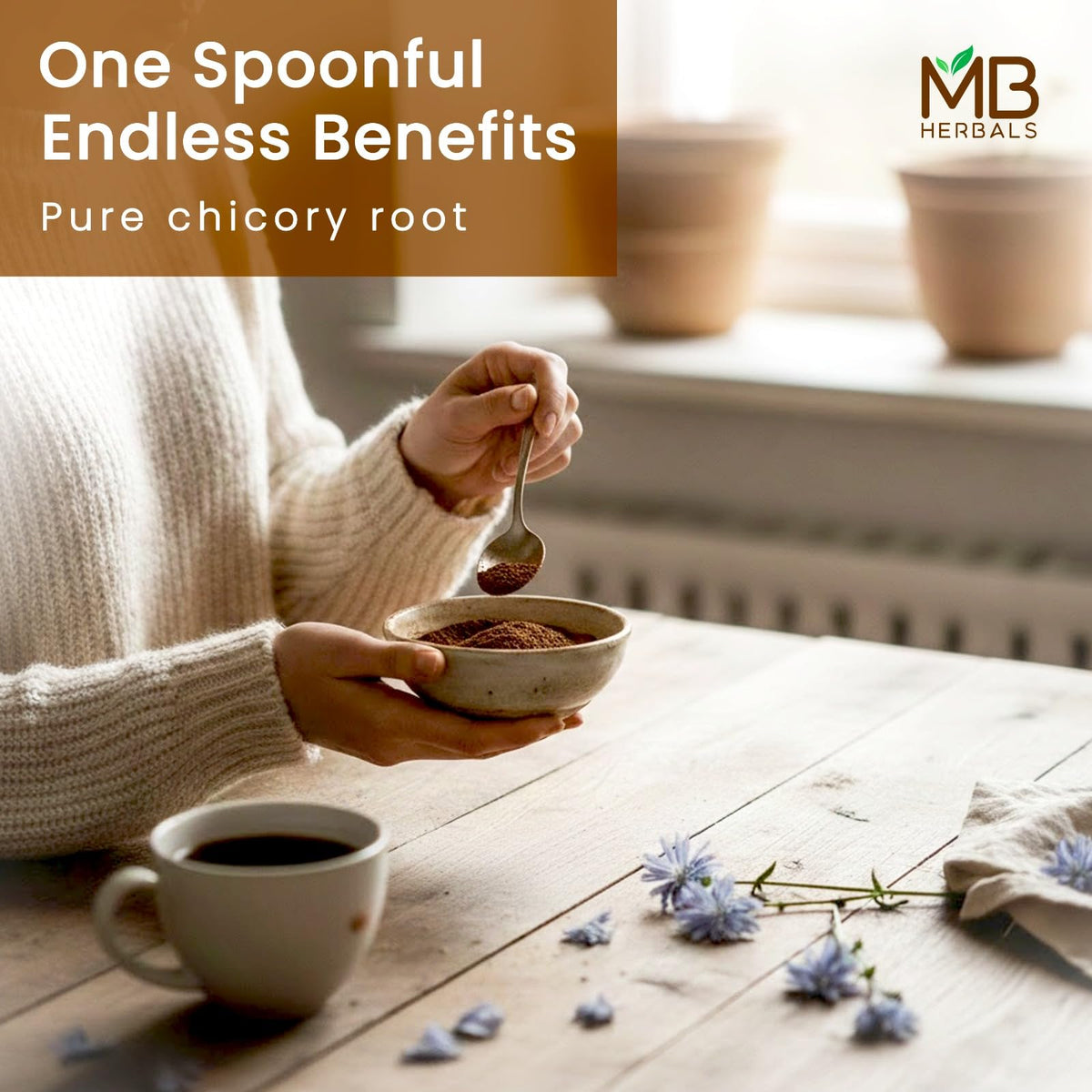 MB Herbals chicory powder as a coffee substitute with roasted notes.