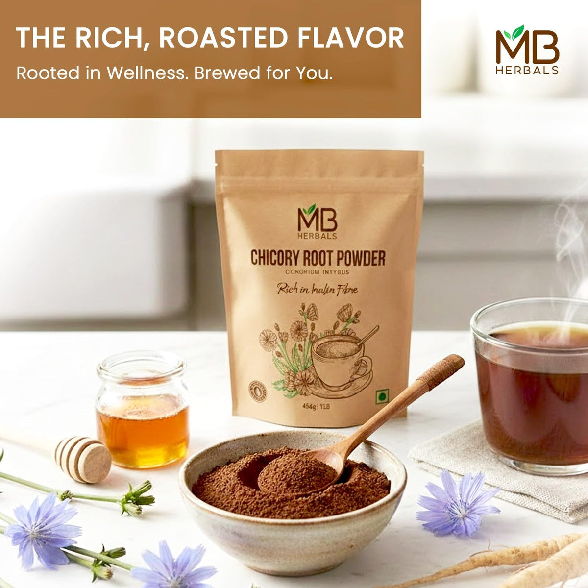 MB Herbals chicory powder made from minced roasted roots for convenient prep.