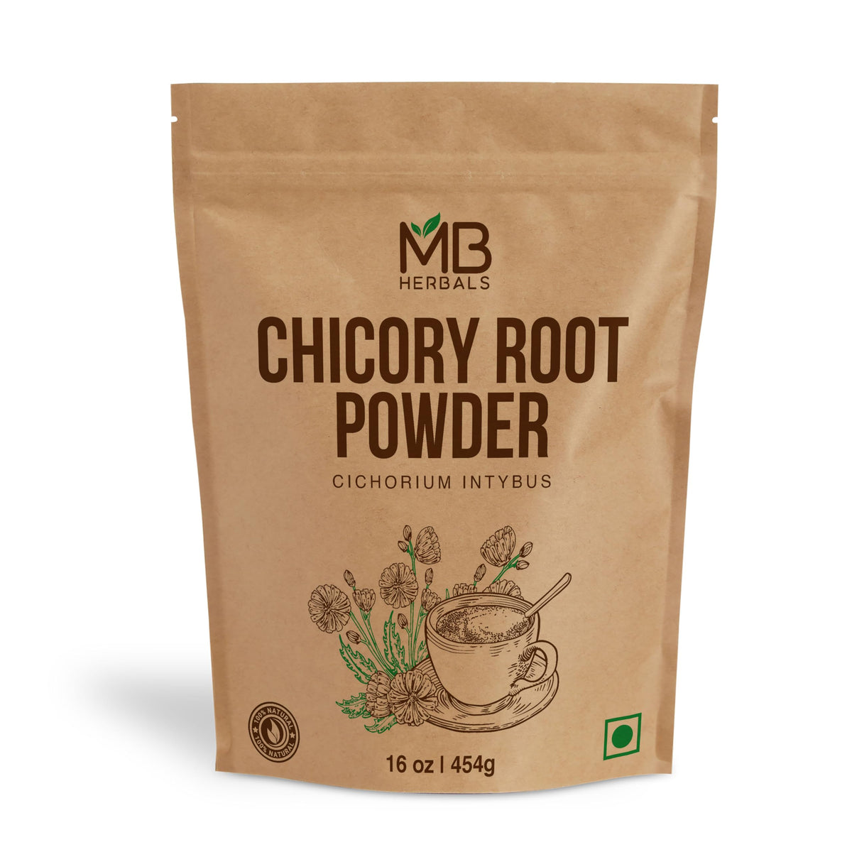 MB Herbals Instant Chicory Powder 454g pack dissolves quickly for smooth beverages.