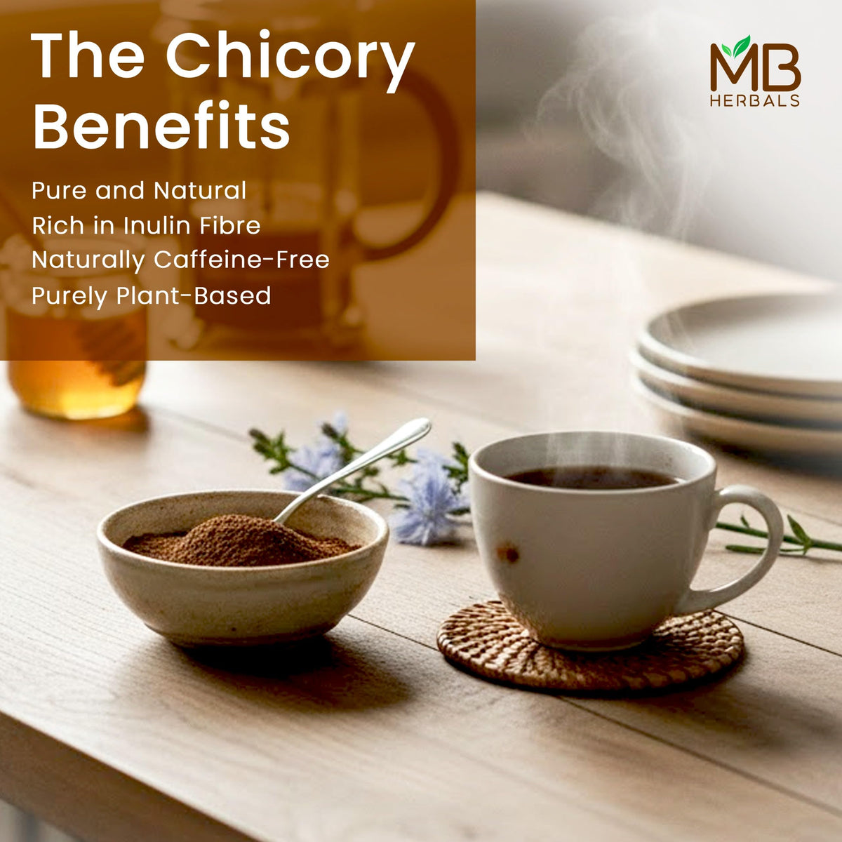 MB Herbals non-GMO chicory root powder, natural addition to daily drinks.