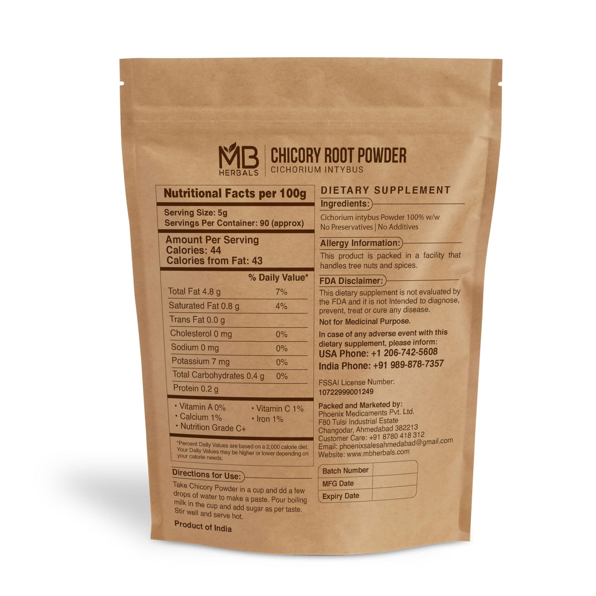 MB Herbals roasted chicory roots powder with rich aroma from roasting.