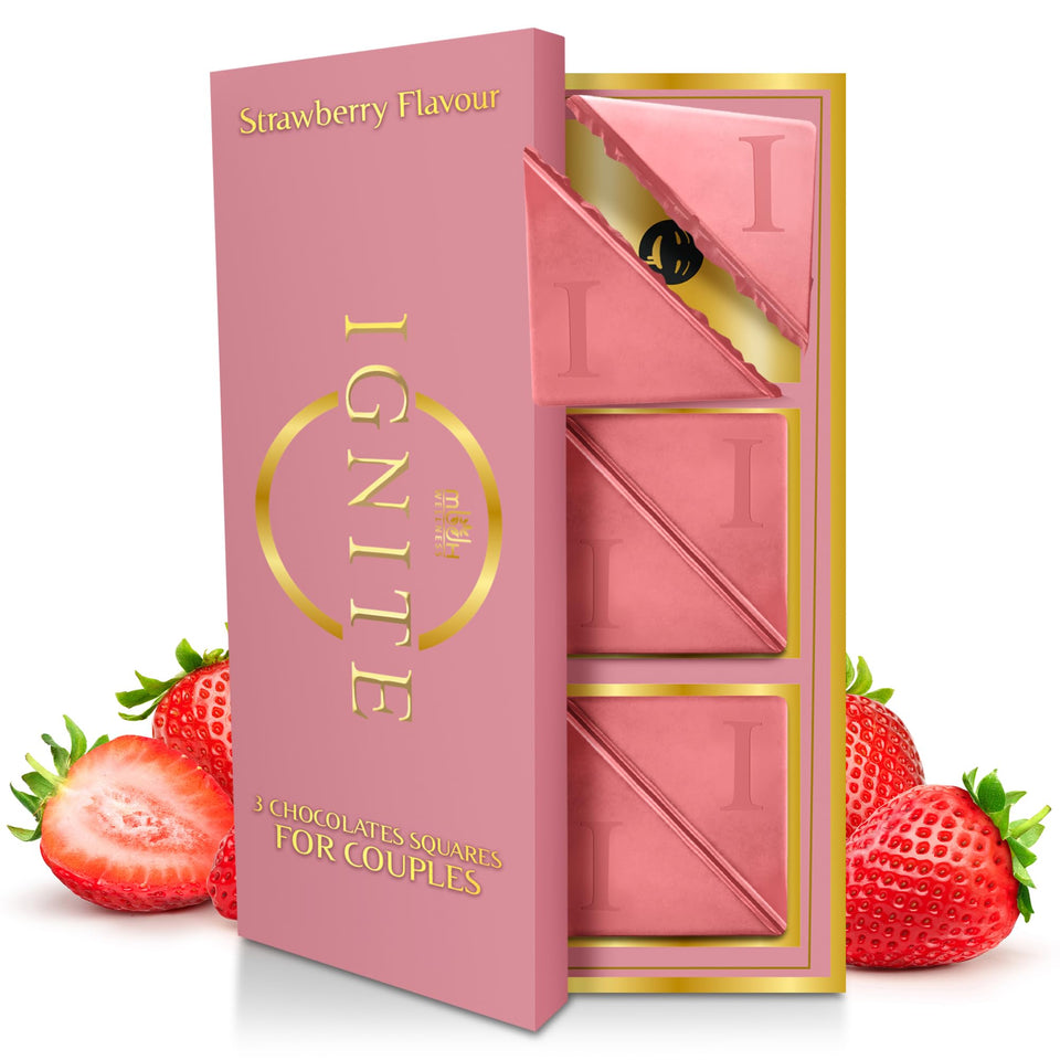 MBDH Ignite strawberry chocolate square foil-wrapped for premium indulgence with strawberry notes.