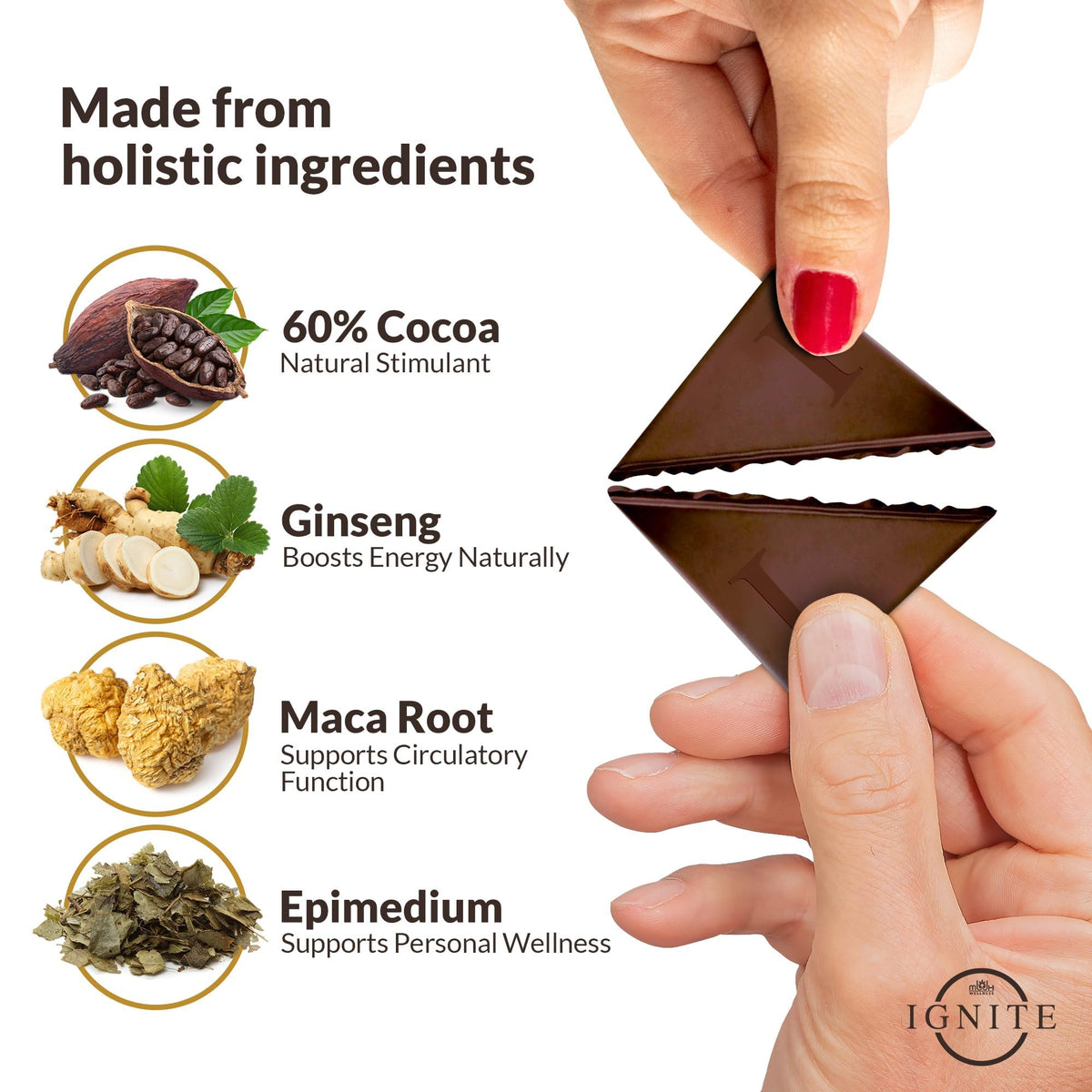 MBDH Wellness Ignite dark chocolate in a cozy setting suggests shared moments.