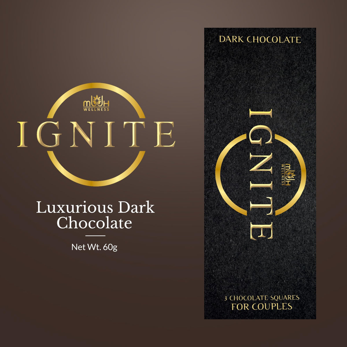 MBDH Wellness Ignite dark chocolate square on a plate for a romantic moment.