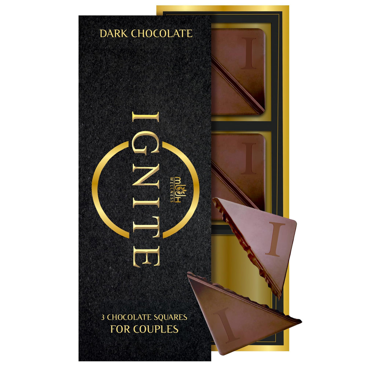 MBDH Wellness Ignite dark chocolate square unwrapped for sharing and savoring.