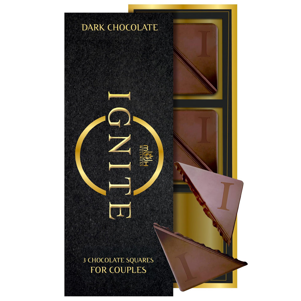 MBDH Wellness Ignite dark chocolate square unwrapped for sharing and savoring.
