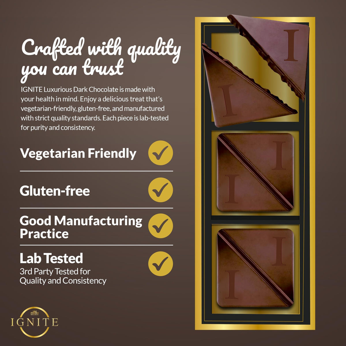 MBDH Wellness Ignite dark chocolate texture close-up highlights rich cocoa flavor.