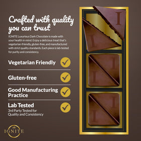 MBDH Wellness Ignite dark chocolate texture close-up highlights rich cocoa flavor.