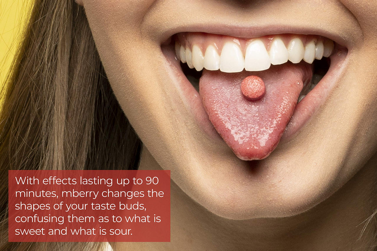 mberry miracle fruit tablets beside citrus and berries ready to transform tart flavors