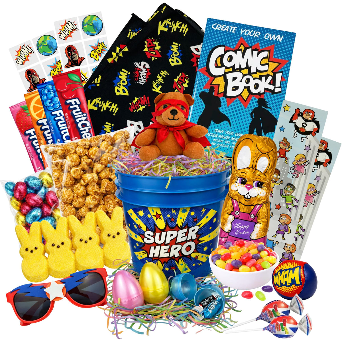 M&C Gifts superhero Easter basket with bright colors for kids' egg hunts