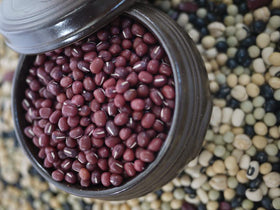 McCabe Adzuki beans soaking in water to soften before simmer.