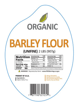 Certification badge on McCabe Barley Flour bag confirms USDA and CCOF status.