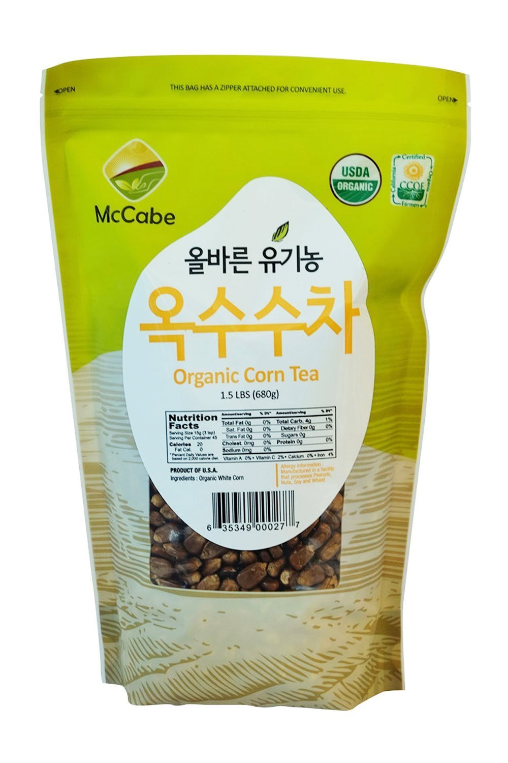McCabe Organic Corn Tea packaging highlights USDA Certified organic quality