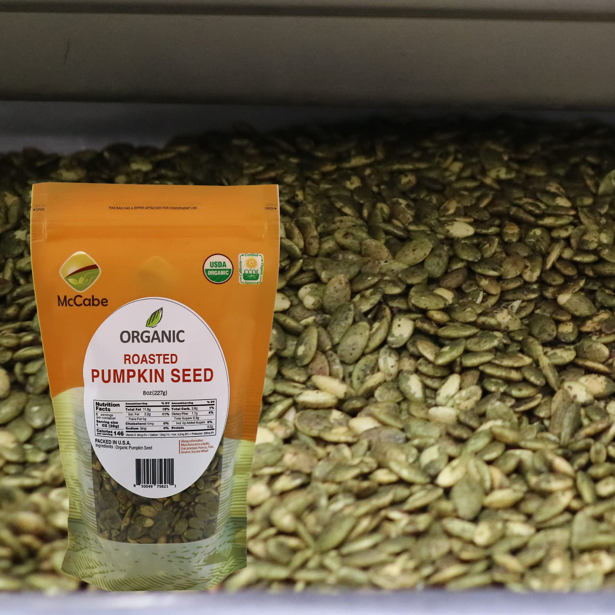 Close-up of McCabe pepitas showing unsalted, protein-rich seeds.