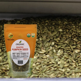 Close-up of McCabe pepitas showing unsalted, protein-rich seeds.