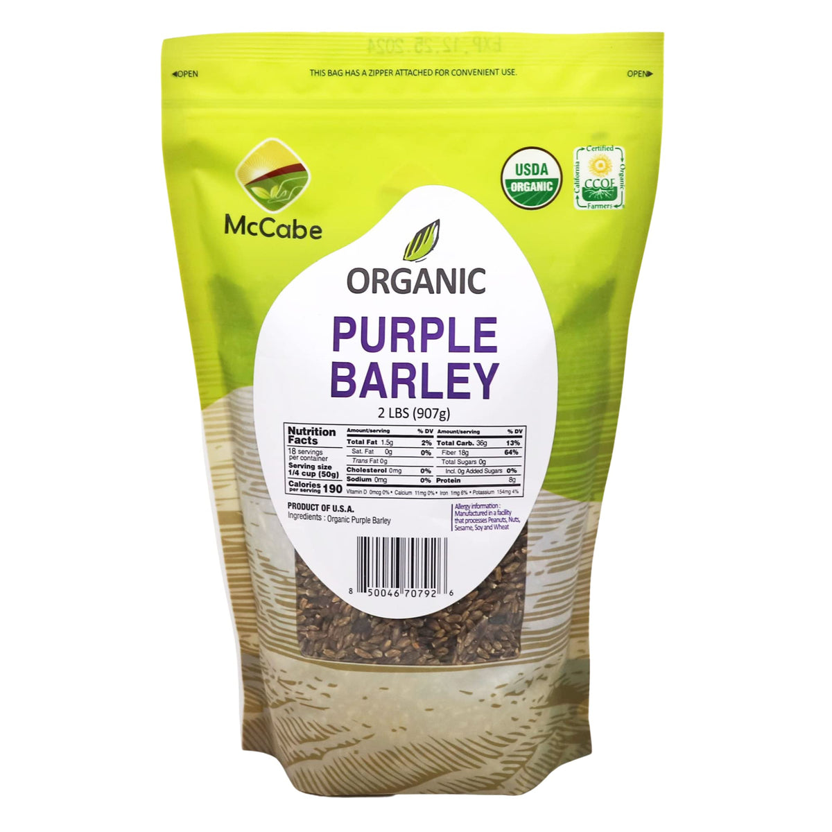 McCabe Organic Purple Barley bag—two pounds of premium grain for versatile cooking
