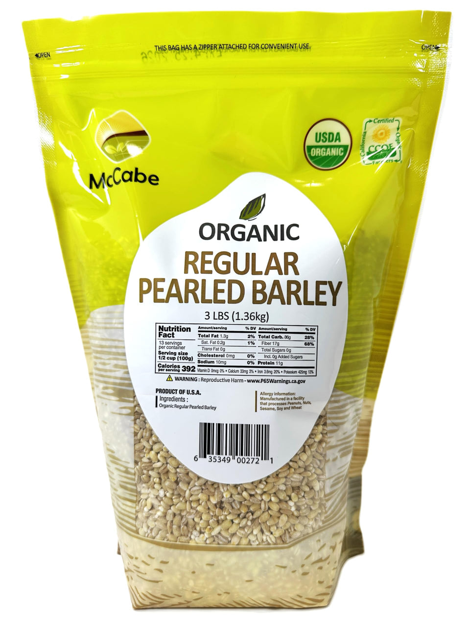 McCabe Organic Regular Pearled Barley package close-up highlighting premium organic origin