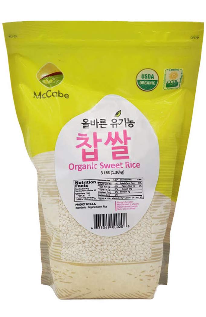 McCabe Organic Sweet Rice bag showing organic certification and ready-to-cook grains.