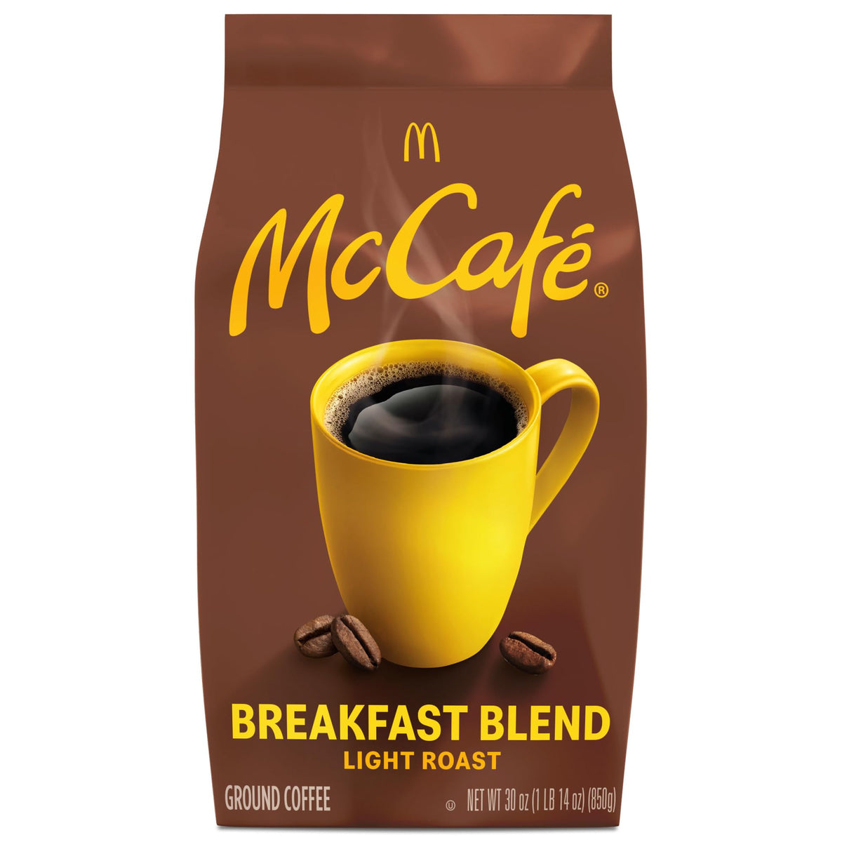 McCafé Breakfast Blend ground coffee bag highlights freshness and quality