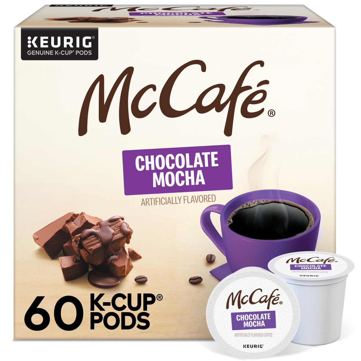 McCafé Chocolate Mocha K-Cup front view showing premium packaging and pods, perfect for quick mornings.