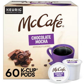 McCafé Chocolate Mocha K-Cup front view showing premium packaging and pods, perfect for quick mornings.