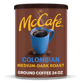 McCafé Colombian ground coffee canister front view emphasizes freshness seal
