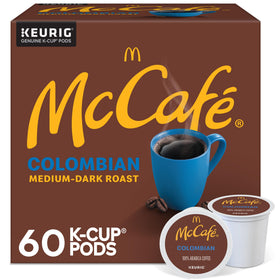 McCafé Colombian K-Cup pods front of box for convenient single-serve coffee.