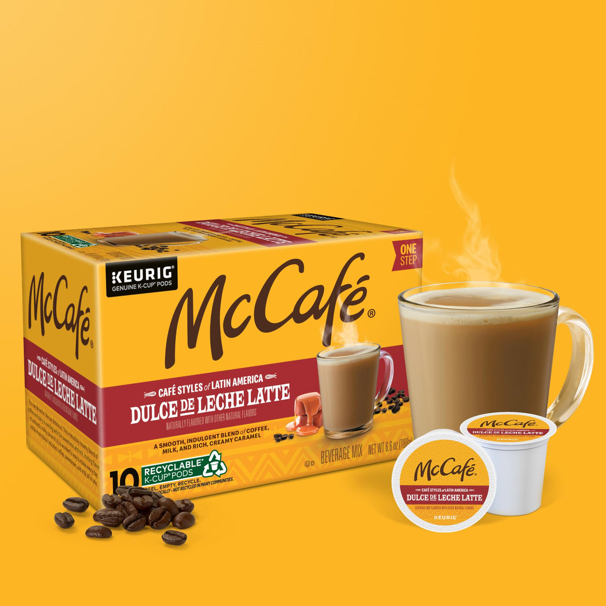 Box packaging highlights recyclable K-Cup pods for mindful convenience.