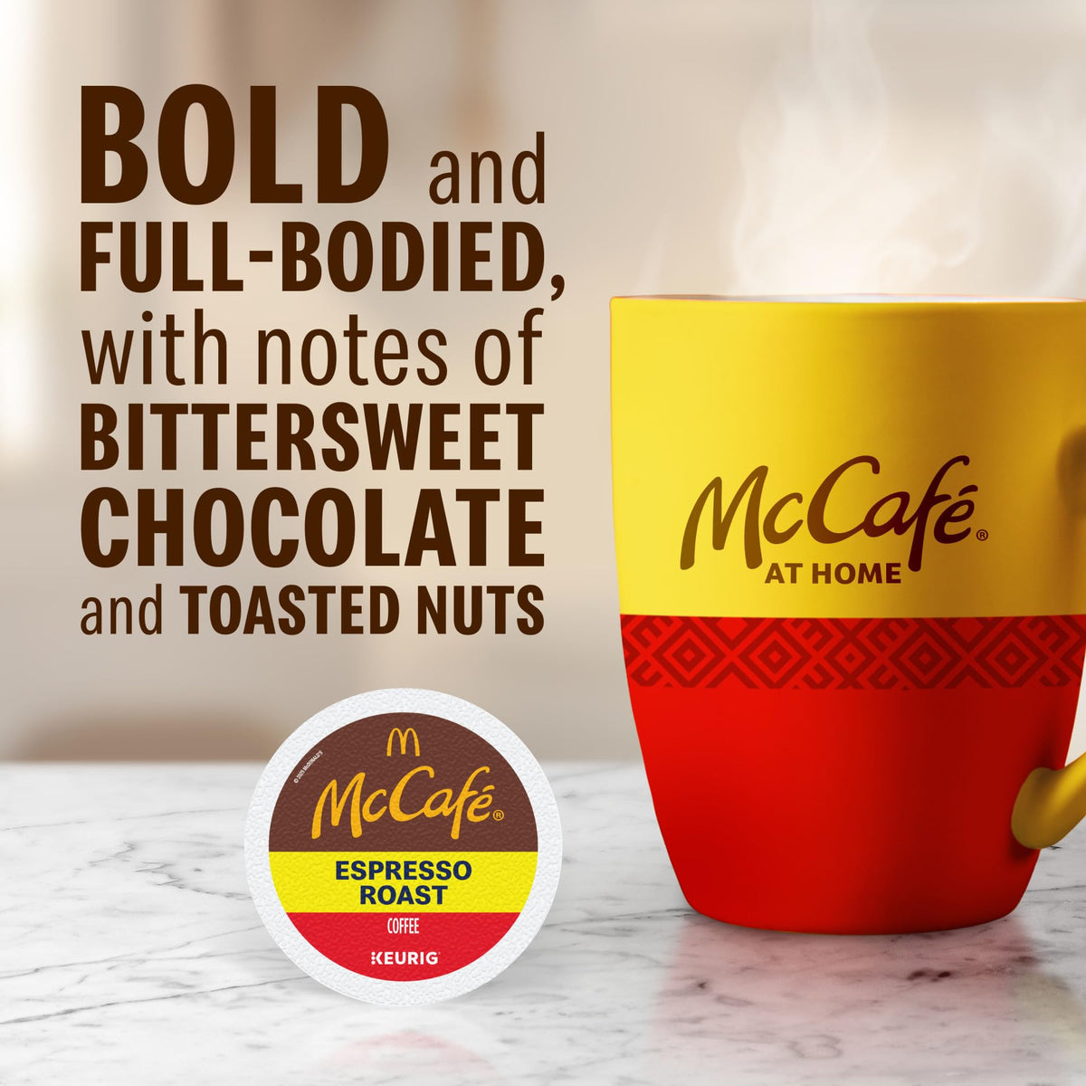 McCafe Espresso Roast brewed cup with steam ready in minutes.