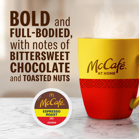 McCafe Espresso Roast brewed cup with steam ready in minutes.