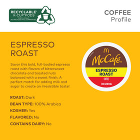 McCafe Espresso Roast label shows kosher certification and responsible sourcing.