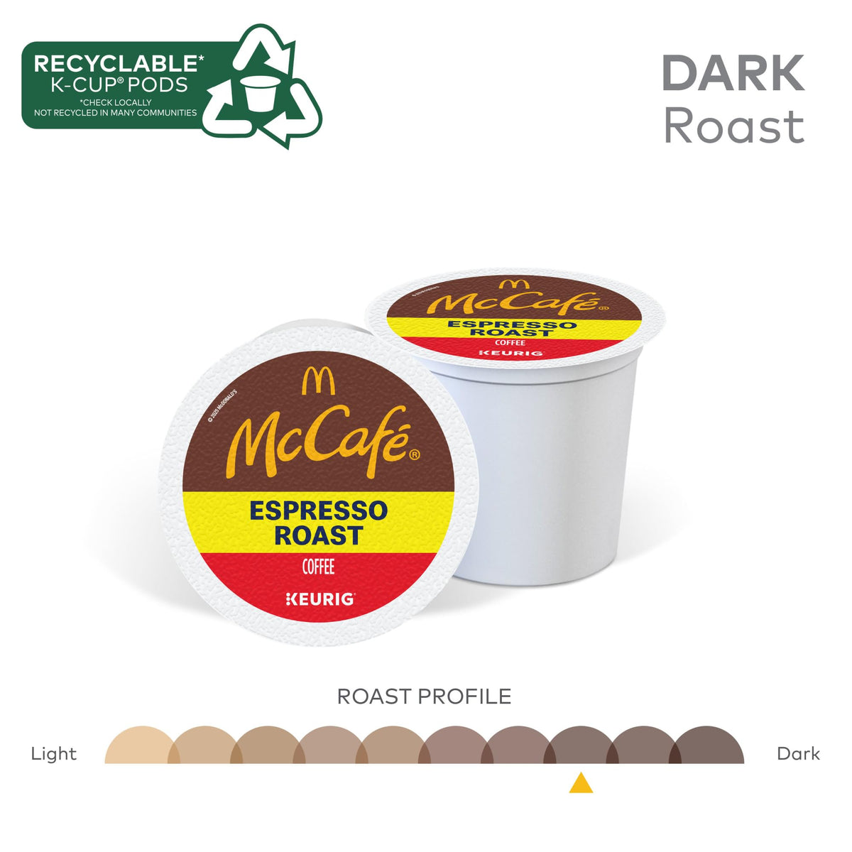 McCafe Espresso Roast packaging highlighting recyclable K-Cup pods.