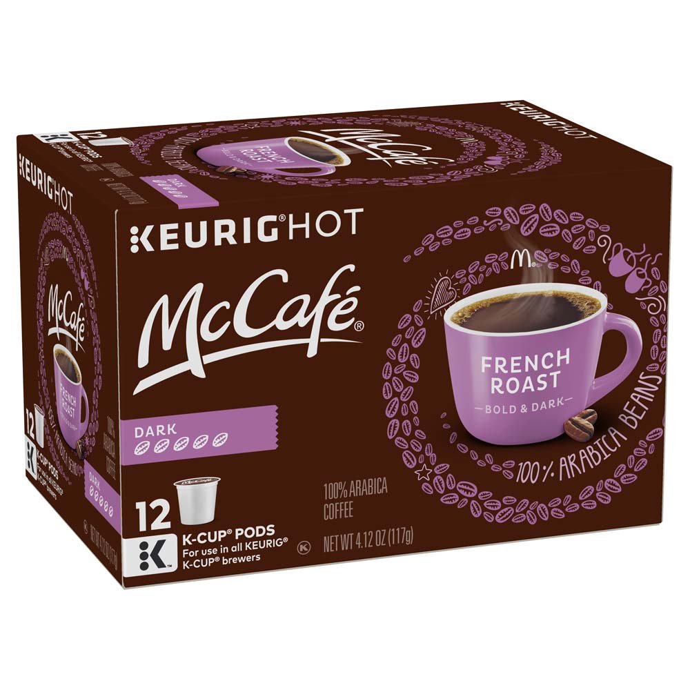 McCafé French Dark Roast K-Cup Pods packaging shows a 12-count box for quick mornings.