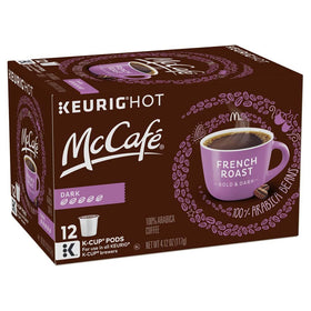 McCafé French Dark Roast K-Cup Pods packaging shows a 12-count box for quick mornings.
