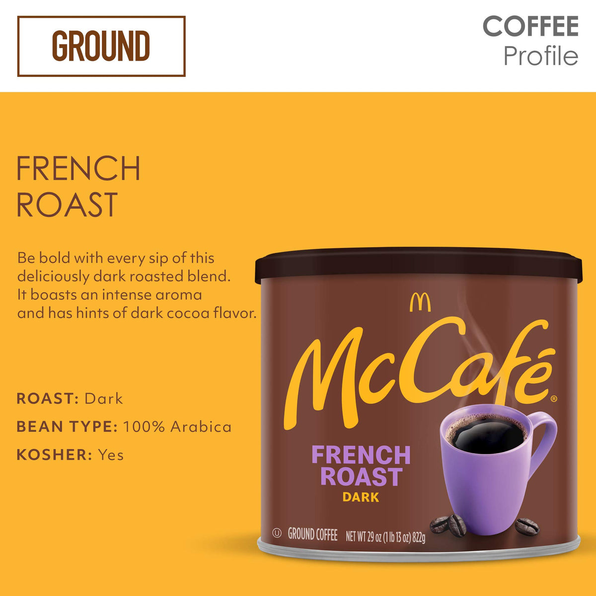 McCafé French Roast coffee beans close-up showing rich color and aroma.
