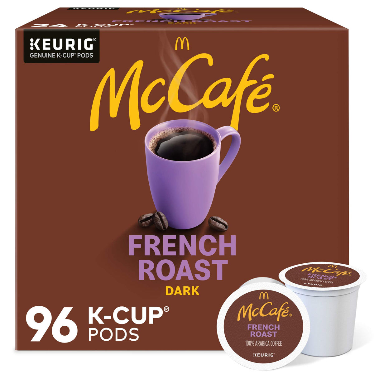McCafé French Roast K-Cup pods packaging emphasizing recyclable materials for eco-friendly brewing