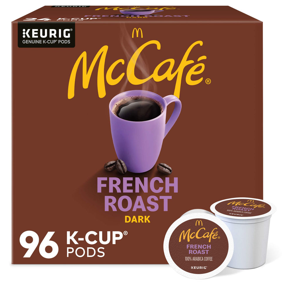 McCafé French Roast K-Cup pods packaging emphasizing recyclable materials for eco-friendly brewing