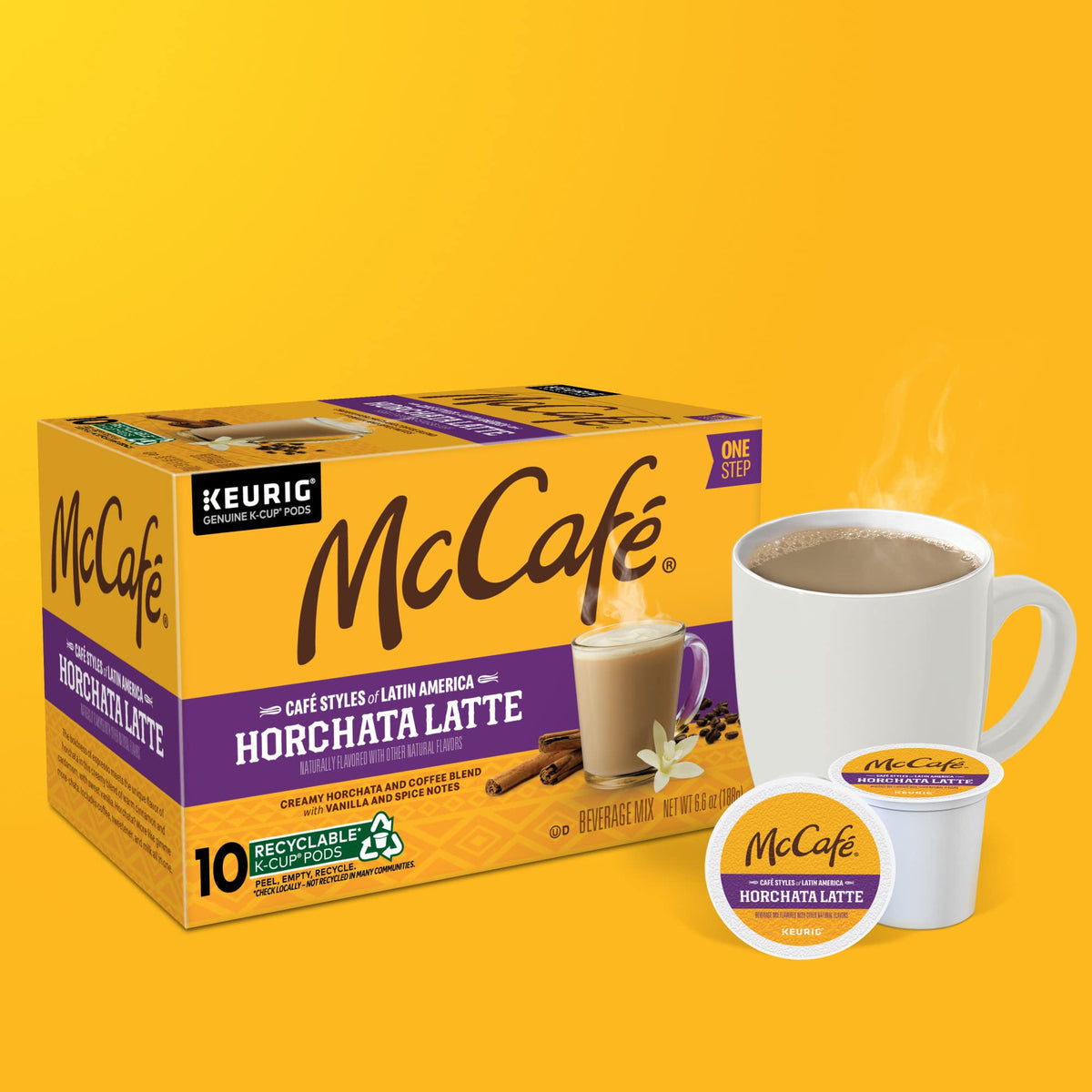 Countertop setup showing McCafé Horchata Latte with cup