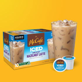 McCafe Iced Hazelnut Latte in a glass tumbler ready to savor