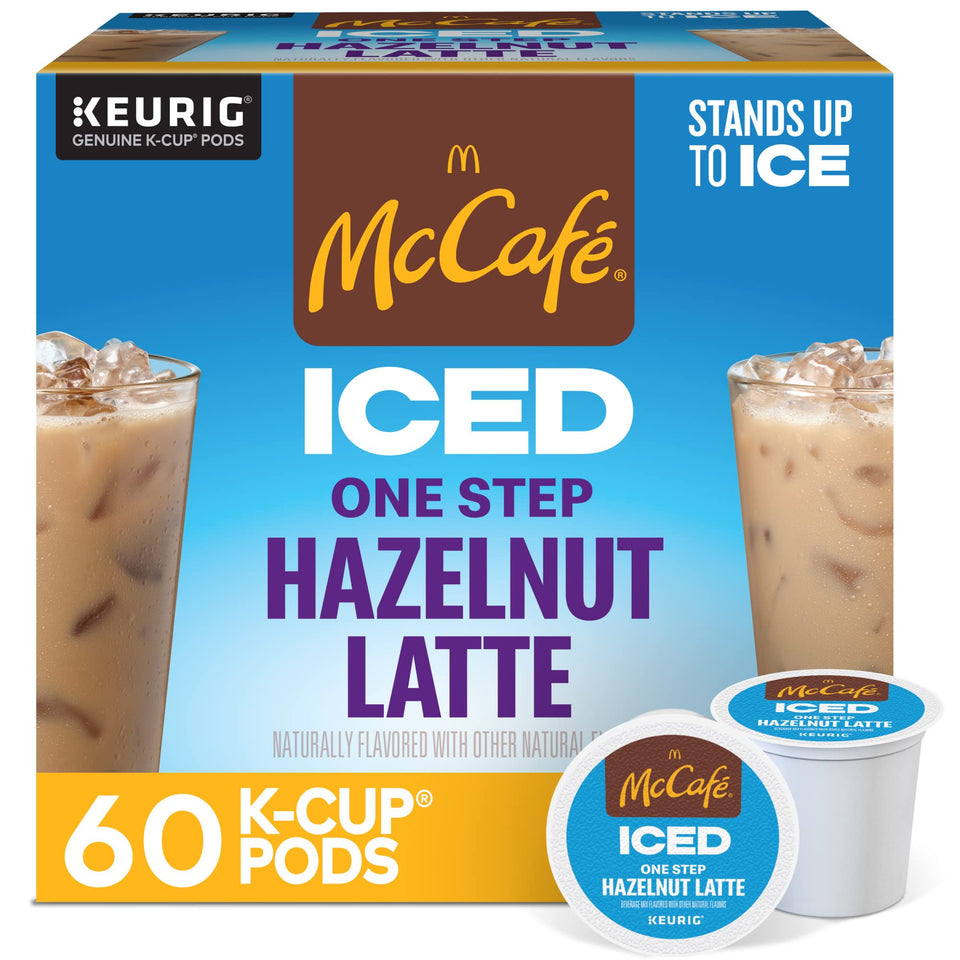 McCafe Iced Hazelnut Latte pod on kitchen counter for quick iced coffee at home