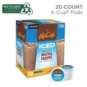 McCafé ICED One Step Mocha Frappé pod on kitchen counter, convenient iced coffee