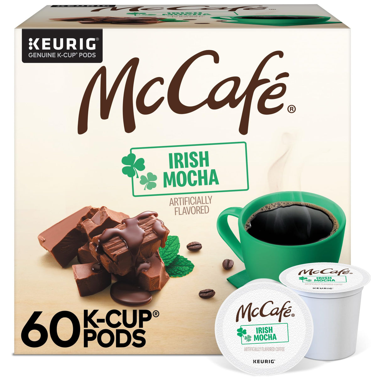 McCafé Irish Mocha packaging highlights premium beans and responsible sourcing.